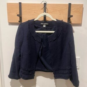 Karl Lagerfeld Women's Navy Blue Tweed Cropped Jacket with Fringe